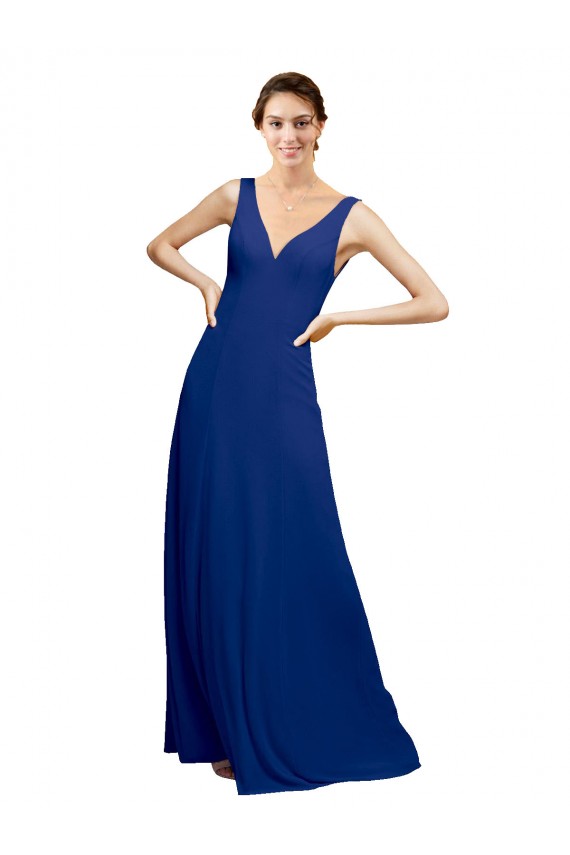 Blu Reale Linea A Scollatura a V Chiffona Lunga Abiti da damigella donore Basso Prezzo