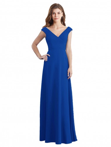 Blu Reale Linea A Scollatura a V Chiffona Lunga Abiti da damigella donore Basso Prezzo