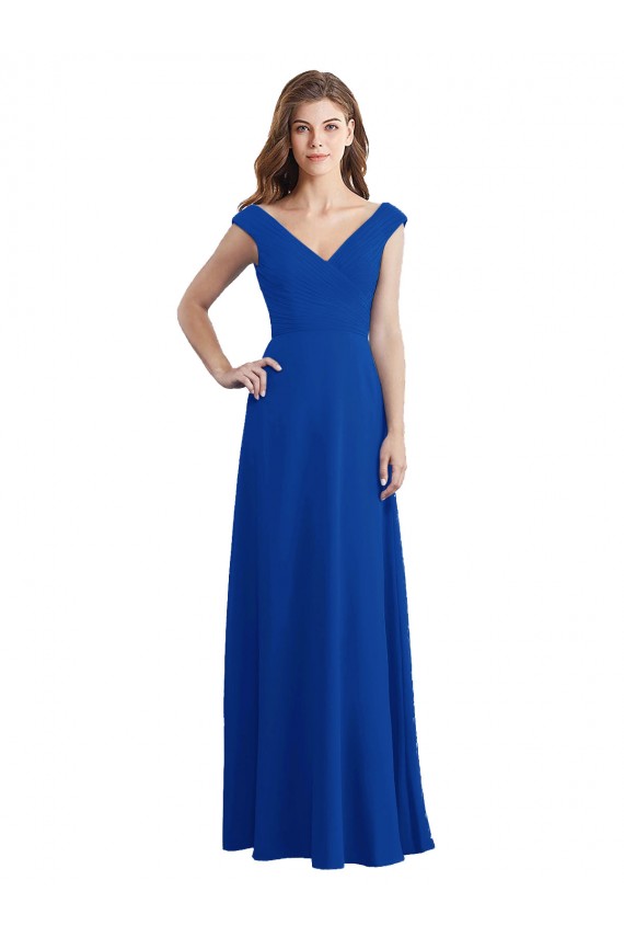 Blu Reale Linea A Scollatura a V Chiffona Lunga Abiti da damigella donore Basso Prezzo