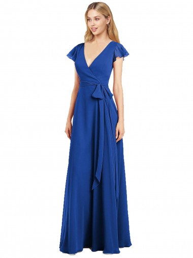 Blu Reale Linea A Scollatura a V Chiffona Lunga Abiti da damigella donore Basso Prezzo