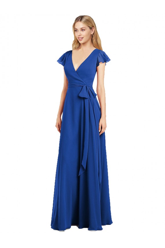 Blu Reale Linea A Scollatura a V Chiffona Lunga Abiti da damigella donore Basso Prezzo