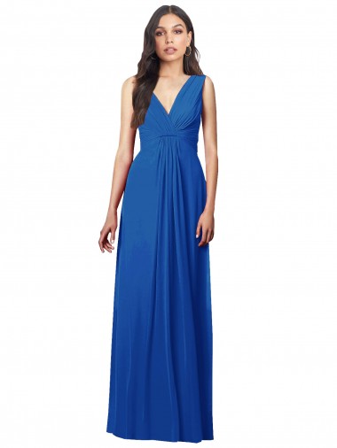 Blu Reale Linea A Scollatura a V Chiffona Lunga Abiti da damigella donore Basso Prezzo