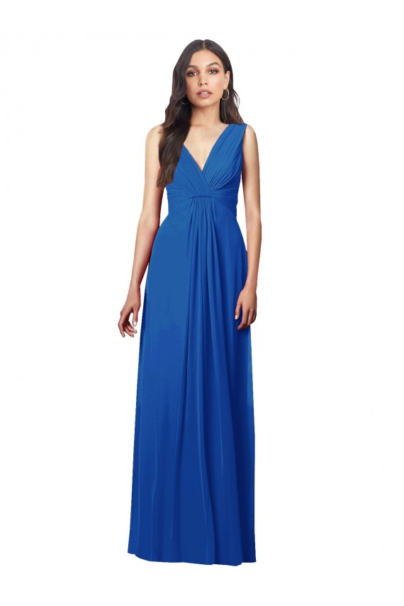 Blu Reale Linea A Scollatura a V Chiffona Lunga Abiti da damigella donore Basso Prezzo