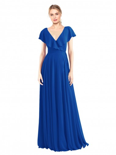 Blu Reale Linea A Scollatura a V Chiffona Lunga Abiti da damigella donore Basso Prezzo