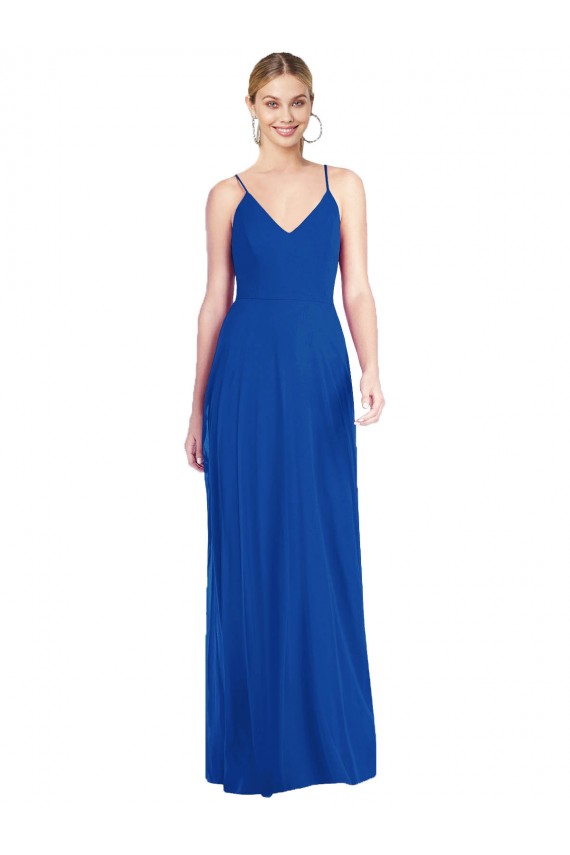 Blu Reale Linea A Sottili Scollatura a V Chiffona Lunga Abiti da damigella donore Basso Prezzo