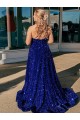 Blu Reale Linea A Una spalla Sweep treno Paillettes Velluto Lunga Abiti da ballo Basso Prezzo