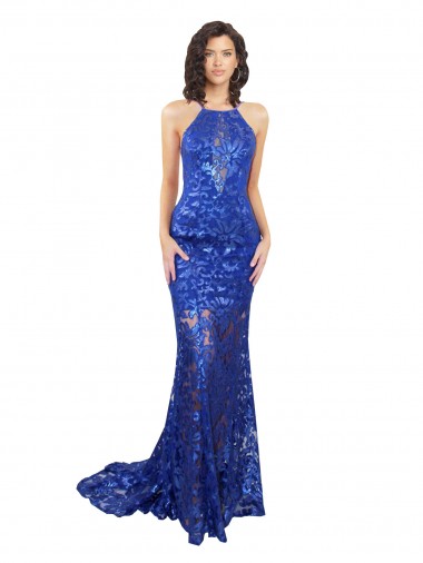 Blu Reale Stile sirena Alto Collo Pizzo Lunga Abiti da damigella donore / Abiti da ballo Basso Prezzo