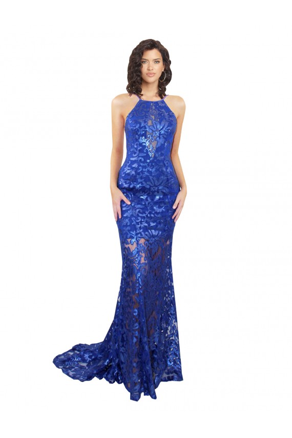 Blu Reale Stile sirena Alto Collo Pizzo Lunga Abiti da damigella donore / Abiti da ballo Basso Prezzo