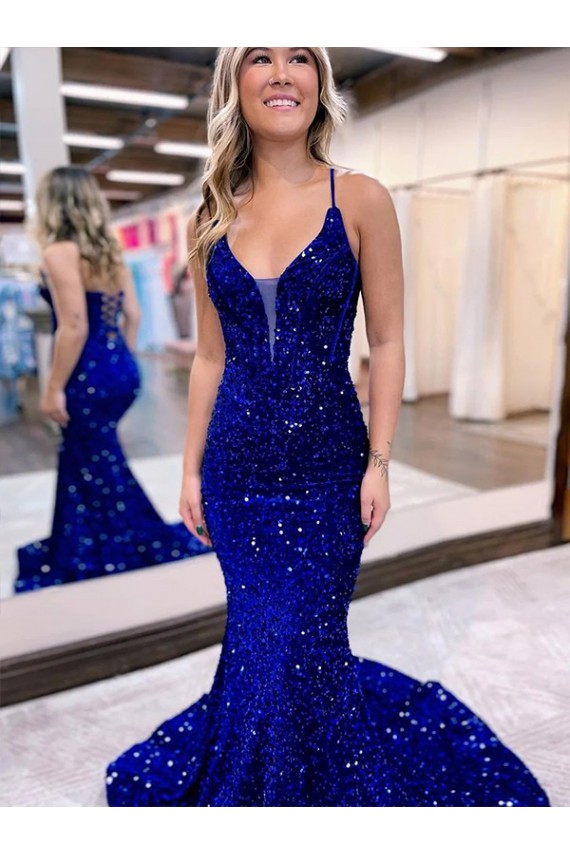 Blu Reale Stile sirena Scollatura a V Paillettes Velluto Lunga Abiti da ballo Basso Prezzo