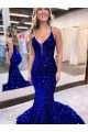 Blu Reale Stile sirena Scollatura a V Paillettes Velluto Lunga Abiti da ballo Basso Prezzo