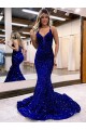 Blu Reale Stile sirena Scollatura a V Paillettes Velluto Lunga Abiti da ballo Basso Prezzo