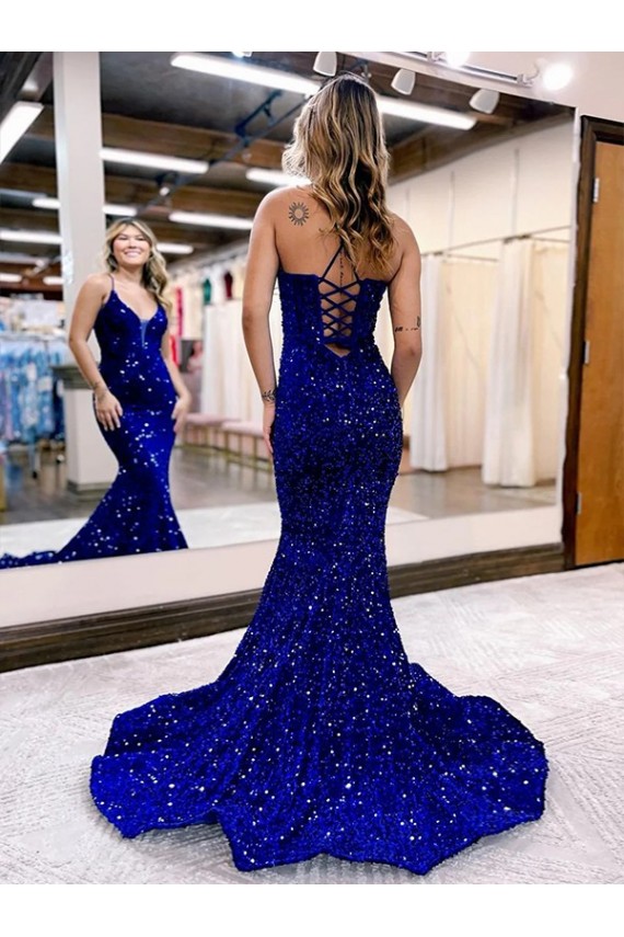 Blu Reale Stile sirena Scollatura a V Paillettes Velluto Lunga Abiti da ballo Basso Prezzo