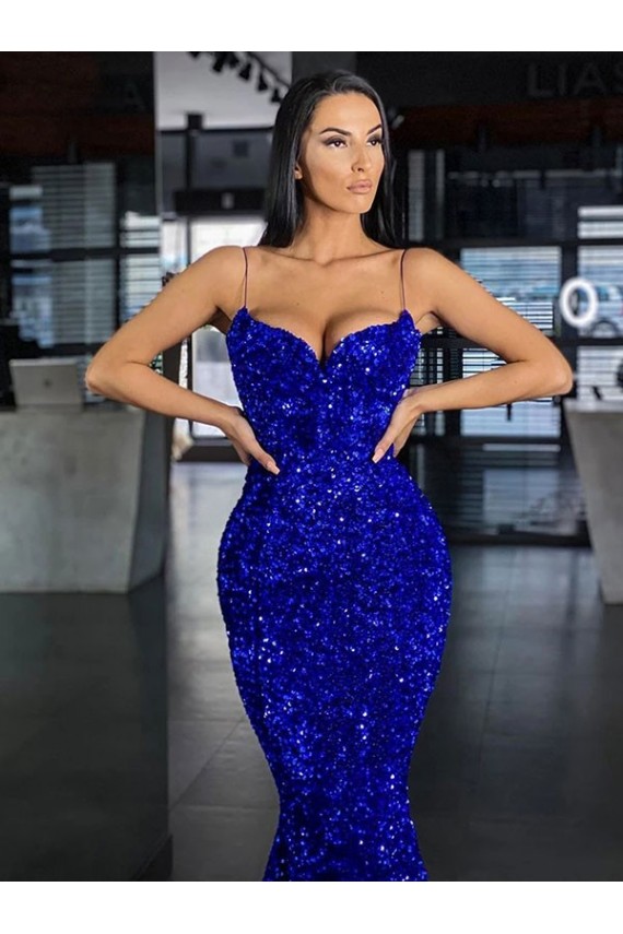 Blu Reale Stile sirena Sottili Sweep treno Paillettes Velluto Lunga Abiti da ballo Basso Prezzo