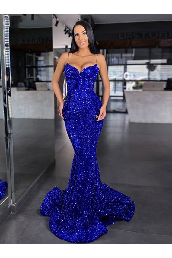 Blu Reale Stile sirena Sottili Sweep treno Paillettes Velluto Lunga Abiti da ballo Basso Prezzo