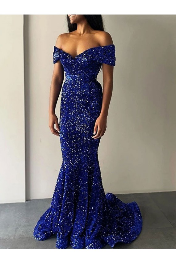Blu Reale Stile sirena Sweep treno Paillettes Velluto Lunga Abiti da ballo Basso Prezzo