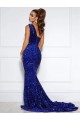 Blu Reale Stile sirena Una spalla Paillettes Velluto Lunga Abiti da ballo Basso Prezzo