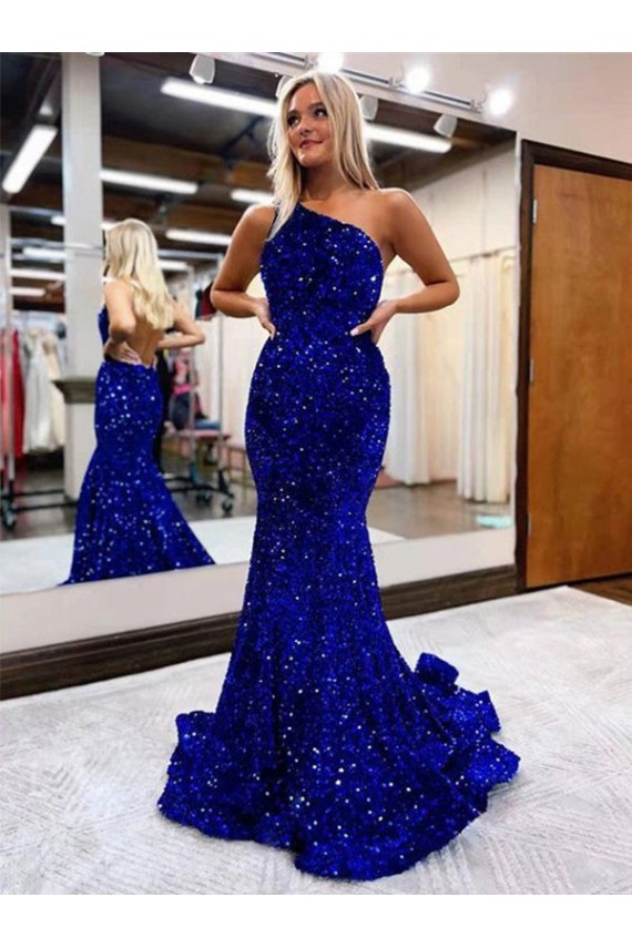 Blu Reale Stile sirena Una spalla Sweep treno Paillettes Velluto Lunga Abiti da ballo Basso Prezzo