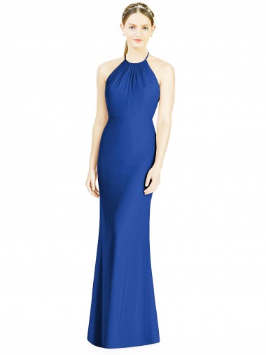 Blu Reale Tromba Capestro Alto Collo Chiffona Lunga Abiti da damigella donore Basso Prezzo