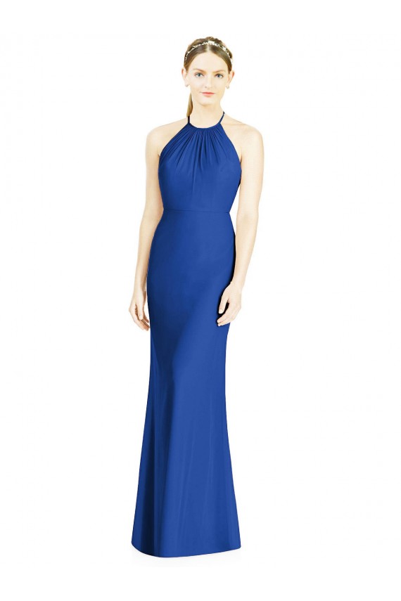 Blu Reale Tromba Capestro Alto Collo Chiffona Lunga Abiti da damigella donore Basso Prezzo