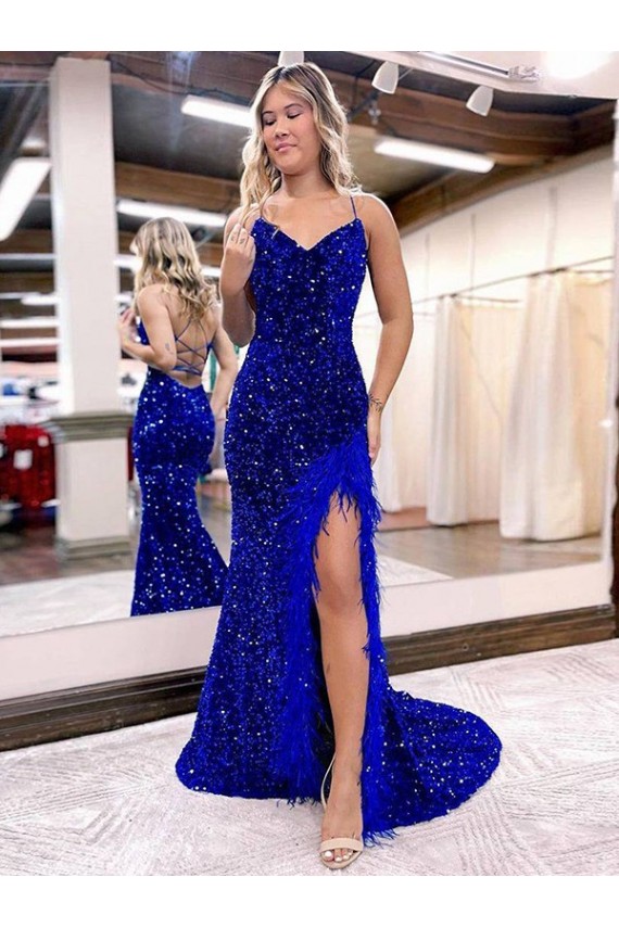 Blu Reale Tubino Scollatura a V Sweep treno Paillettes Velluto Lunga Abiti da ballo Basso Prezzo