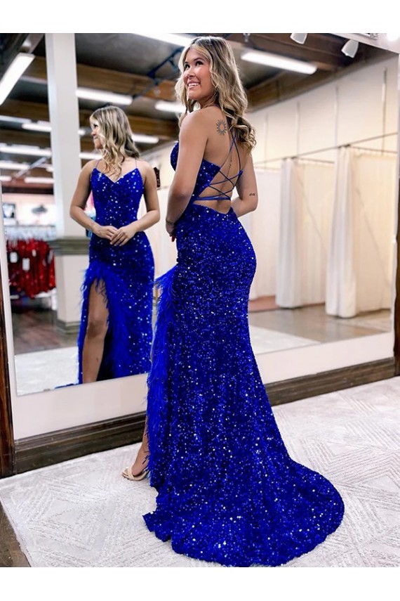 Blu Reale Tubino Scollatura a V Sweep treno Paillettes Velluto Lunga Abiti da ballo Basso Prezzo