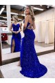Blu Reale Tubino Scollatura a V Sweep treno Paillettes Velluto Lunga Abiti da ballo Basso Prezzo