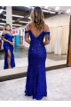 Blu Reale Tubino Sottili Scollatura a V Paillettes Velluto Lunga Abiti da ballo Basso Prezzo
