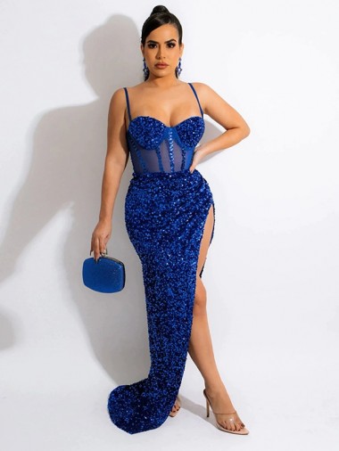 Blu Reale Tubino Sottili Sweep treno Paillettes Velluto Lunga Abiti da ballo Basso Prezzo