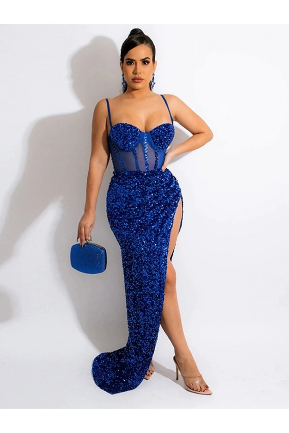Blu Reale Tubino Sottili Sweep treno Paillettes Velluto Lunga Abiti da ballo Basso Prezzo