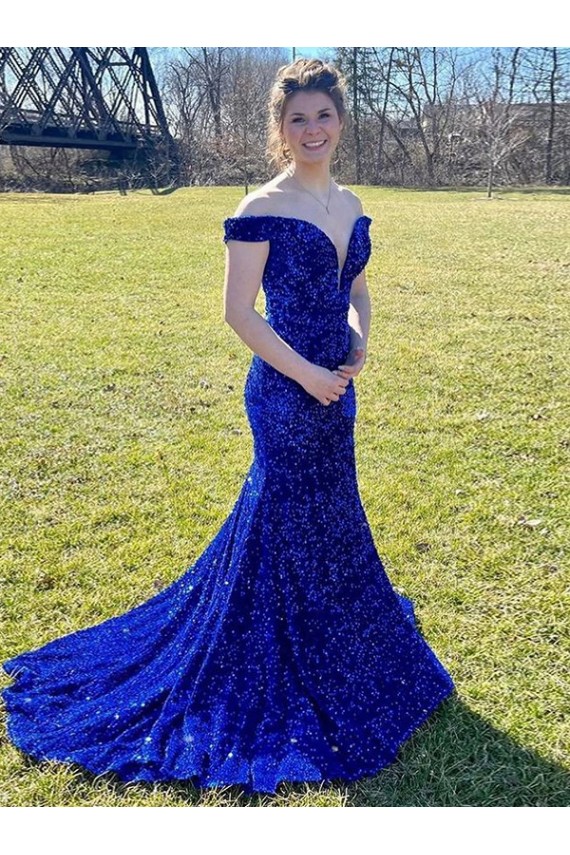 Blu Reale Tubino Sweep treno Paillettes Velluto Lunga Abiti da ballo Basso Prezzo