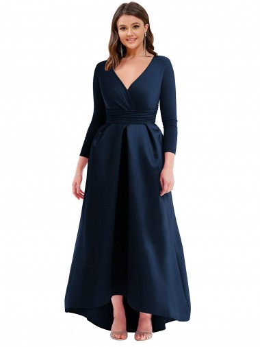 Blu marino scuro Abito da ballo Scollatura a V Spandex Lunga Asimmetrico Formali Abiti da damigella donore / Abiti da sera / Abiti da ballo Basso Prezzo