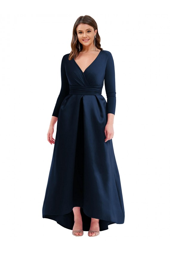 Blu marino scuro Abito da ballo Scollatura a V Spandex Lunga Asimmetrico Formali Abiti da damigella donore / Abiti da sera / Abiti da ballo Basso Prezzo