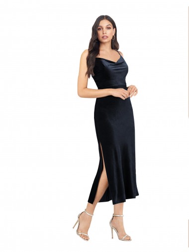 Blu marino scuro Colonna Cappuccio Midi Velluto Elastico Corto Abiti da damigella donore / Abiti da sera / Abiti da cocktail Basso Prezzo