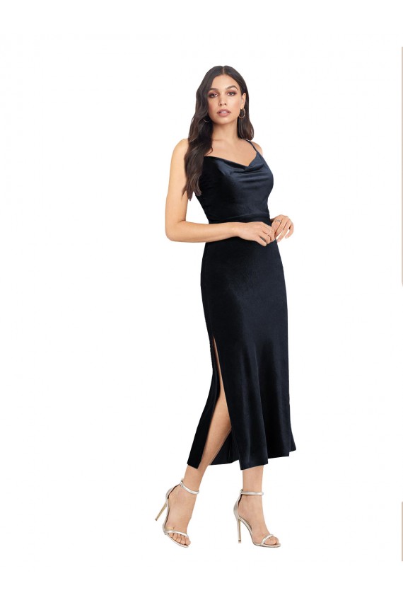 Blu marino scuro Colonna Cappuccio Midi Velluto Elastico Corto Abiti da damigella donore / Abiti da sera / Abiti da cocktail Basso Prezzo