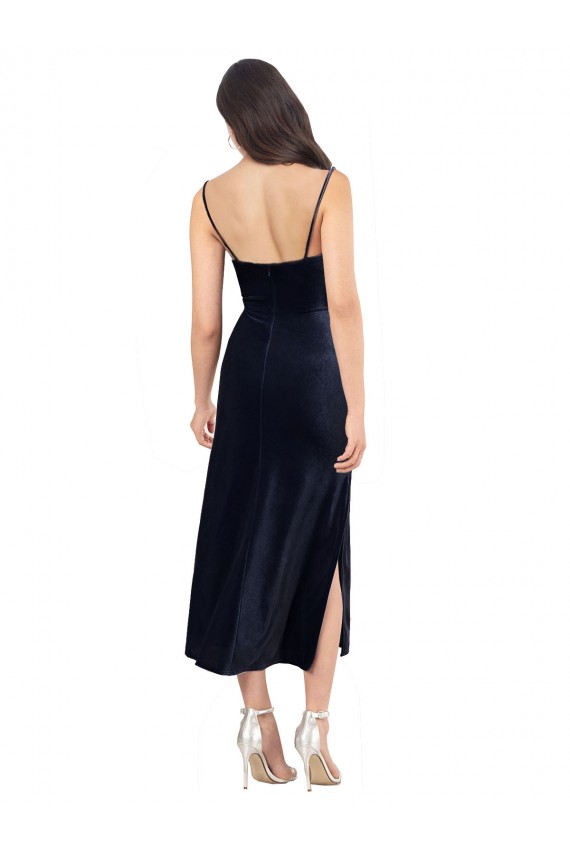 Blu marino scuro Colonna Cappuccio Midi Velluto Elastico Corto Abiti da damigella donore / Abiti da sera / Abiti da cocktail Basso Prezzo