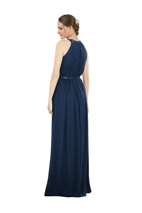 Blu marino scuro Linea A Alto Collo Chiffona Lunga Abiti da damigella donore Basso Prezzo