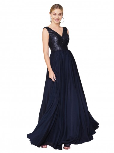 Blu marino scuro Linea A Alto Collo Chiffona Paillettes Lunga Abiti da damigella donore / Abiti da ballo Basso Prezzo