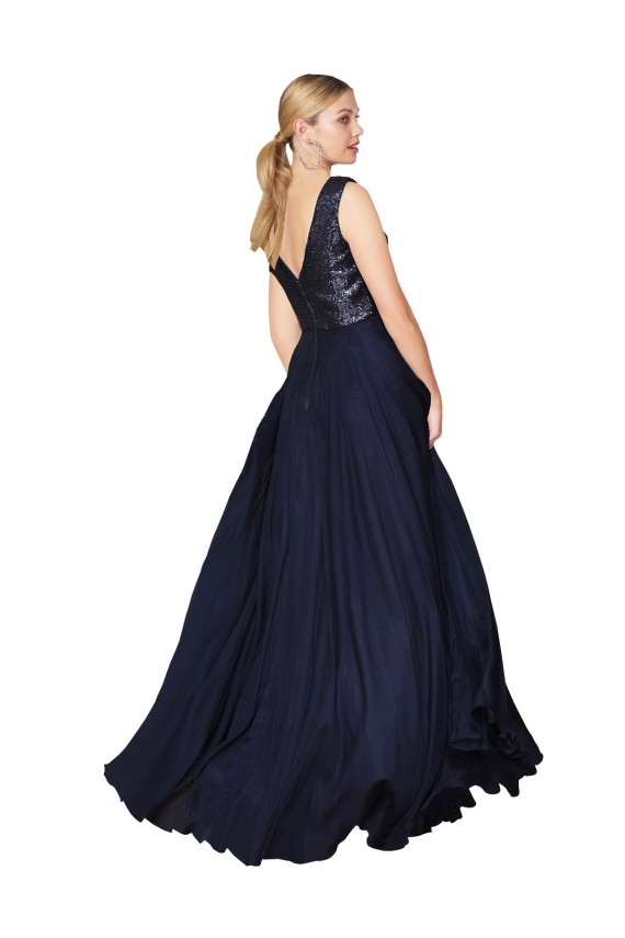 Blu marino scuro Linea A Alto Collo Chiffona Paillettes Lunga Abiti da damigella donore / Abiti da ballo Basso Prezzo