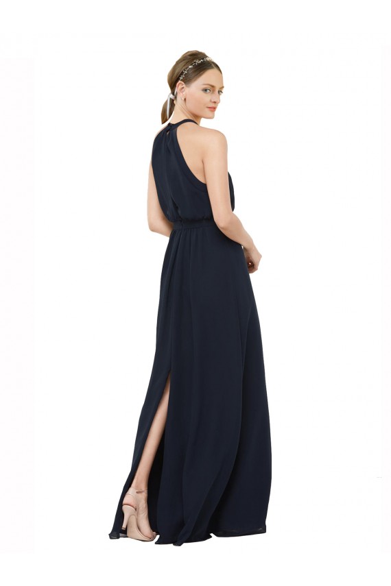 Blu marino scuro Linea A Capestro Alto Collo Chiffona Lunga Abiti da damigella donore Basso Prezzo