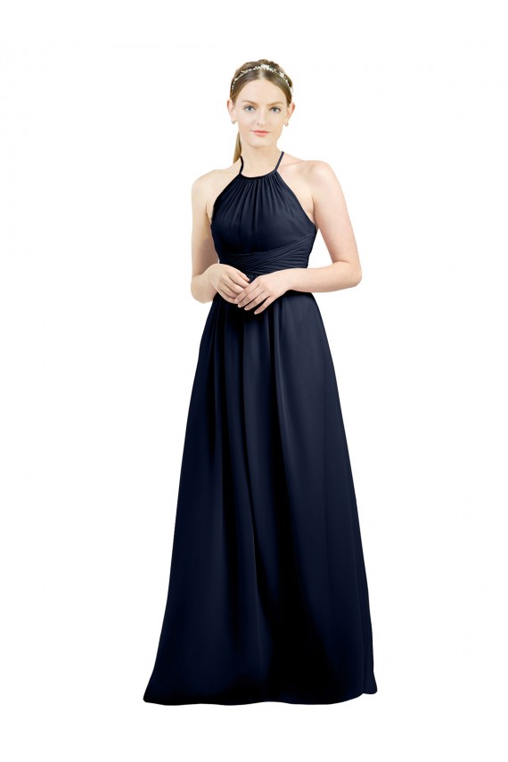 Blu marino scuro Linea A Capestro Alto Collo Chiffona Lunga Abiti da damigella donore Basso Prezzo