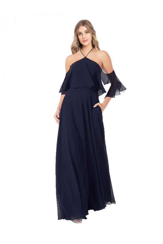 Blu marino scuro Linea A Capestro Alto Collo Chiffona Lunga Abiti da damigella donore Basso Prezzo