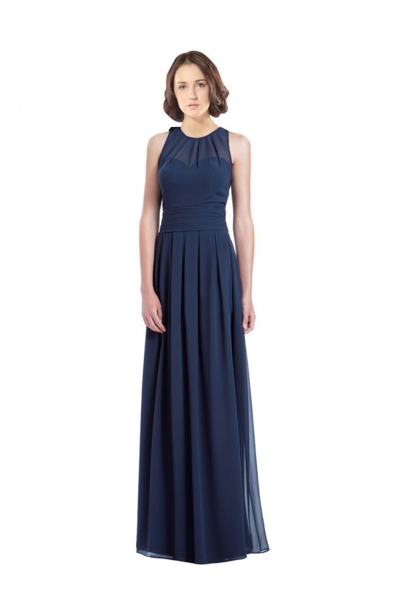 Blu marino scuro Linea A Capestro Chiffona Lunga Abiti da damigella donore Basso Prezzo