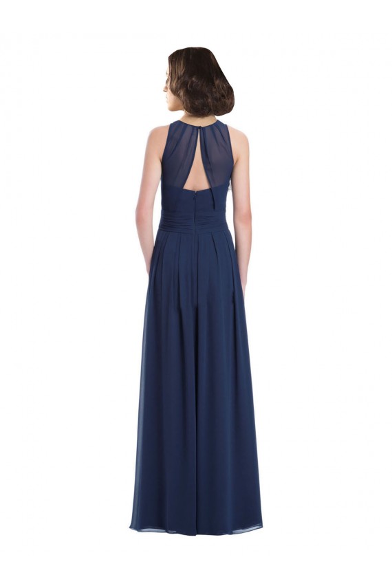 Blu marino scuro Linea A Capestro Chiffona Lunga Abiti da damigella donore Basso Prezzo