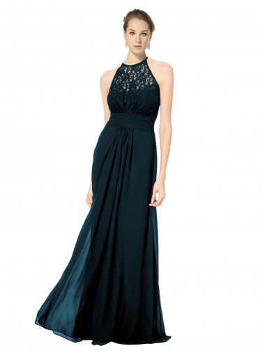 Blu marino scuro Linea A Capestro Illusione Chiffona Pizzo Lunga Abiti da damigella donore Basso Prezzo