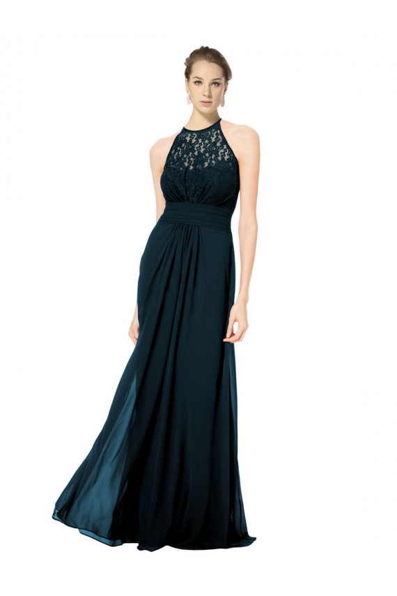 Blu marino scuro Linea A Capestro Illusione Chiffona Pizzo Lunga Abiti da damigella donore Basso Prezzo