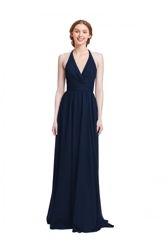 Blu marino scuro Linea A Capestro Scollatura a V Chiffona Lunga Abiti da damigella donore Basso Prezzo