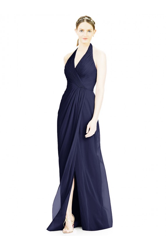 Blu marino scuro Linea A Capestro Scollatura a V Chiffona Lunga Abiti da damigella donore Basso Prezzo