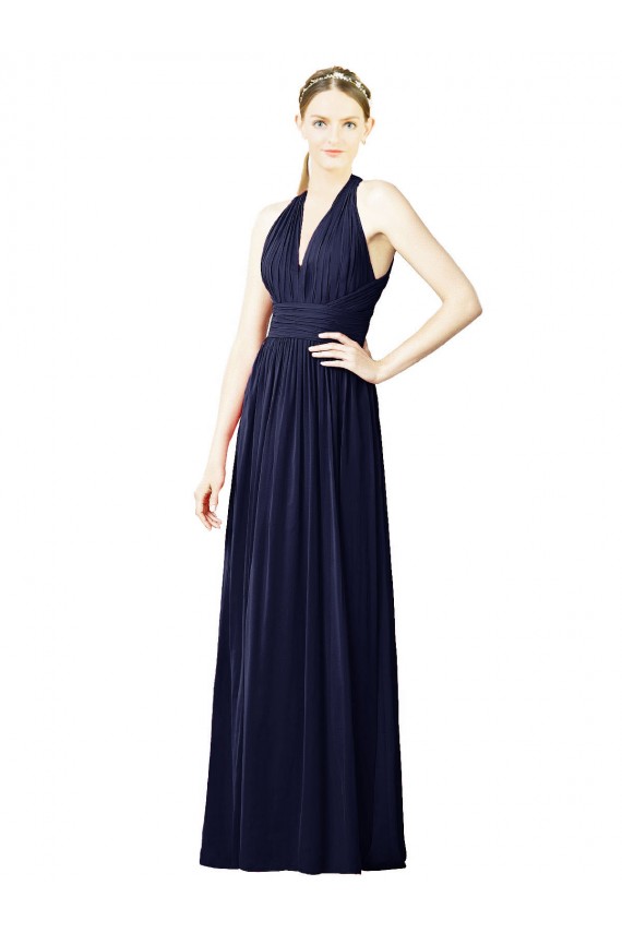 Blu marino scuro Linea A Capestro Scollatura a V Chiffona Lunga Abiti da damigella donore Basso Prezzo