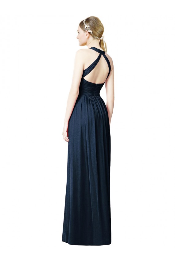 Blu marino scuro Linea A Capestro Scollatura a V Chiffona Lunga Abiti da damigella donore Basso Prezzo