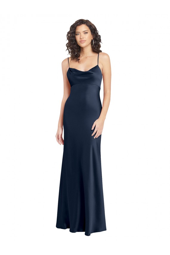 Blu marino scuro Linea A Cappuccio Raso Elastico Lunga Formali Abiti da damigella donore / Abiti da sera / Abiti da ballo Basso Prezzo